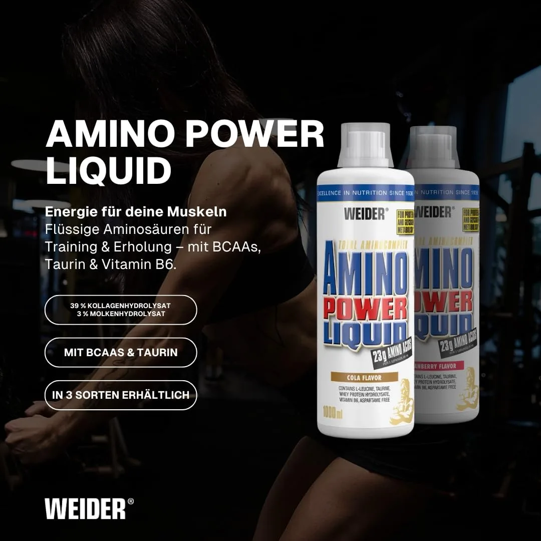 Weider - Amino Power Liquid - Flüssiges Hydrolysiertes Protein - Aminosäuren - 23g Protein pro 45 ml für Muskelaufbau - Mit L-Leucin, Taurin, Vitamin B6 - 1 Liter - Cola – Bild 2