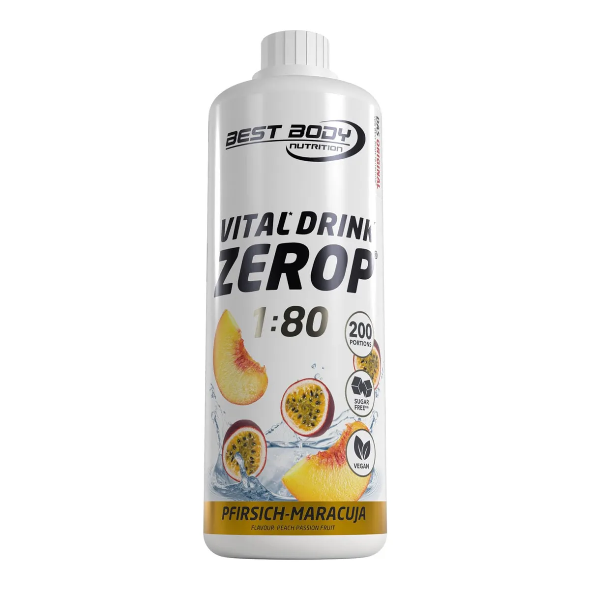 Best Body Nutrition ZEROP Vital Zuckerfreies Getränkekonzentrat Sirup Pfirsich-Maracuja Ohne Aspartam 1 L ergibt 80 L Getränk Fitness Drink mit Vitaminen B1 B6 Niacin Kalorienarm Wassersprudler