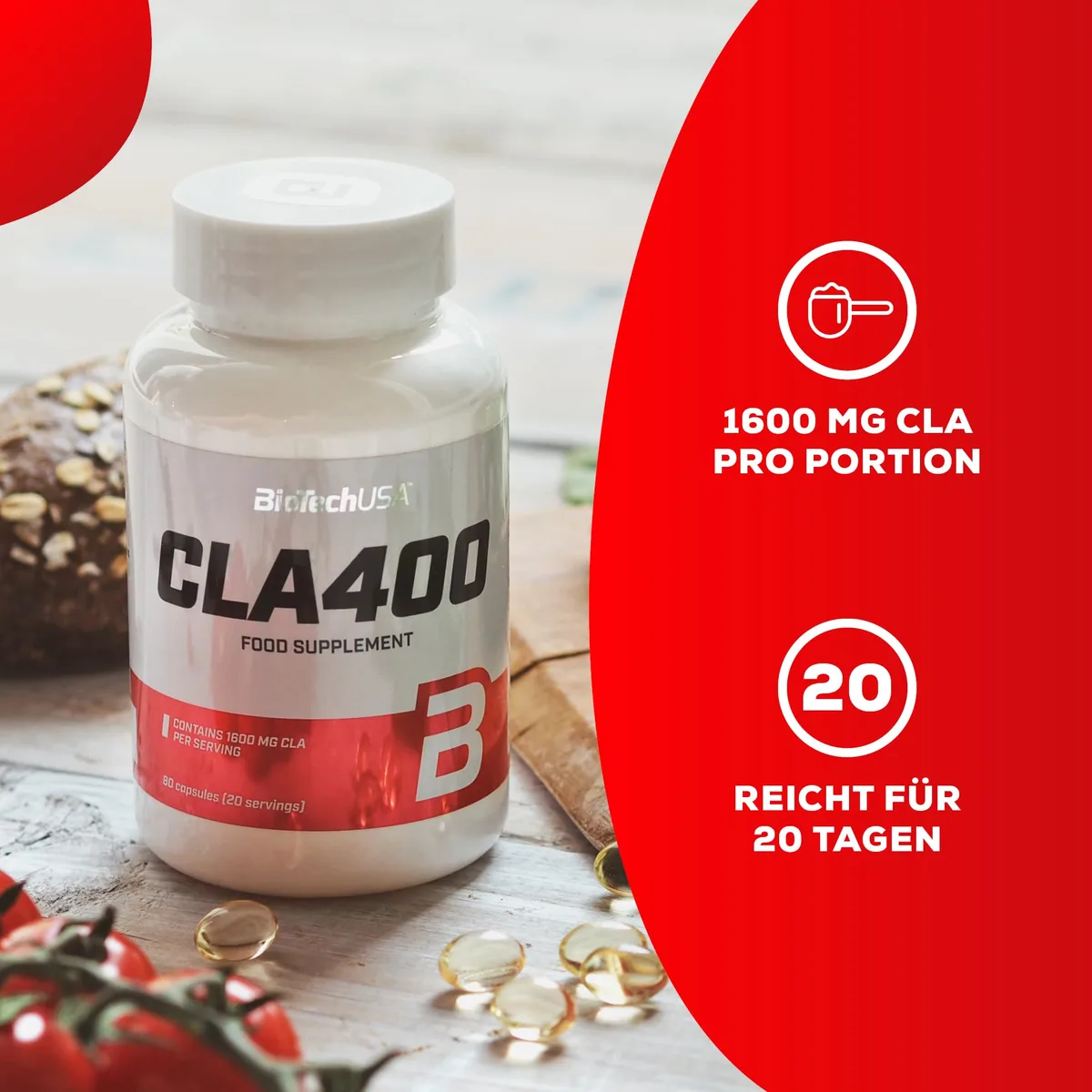 BioTechUSA CLA 400 Nahrungsergänzungsmittel Weichgelatinekapseln, die konjugierte Linolsäure enthalten, 80 Softgel Kapseln – Bild 2