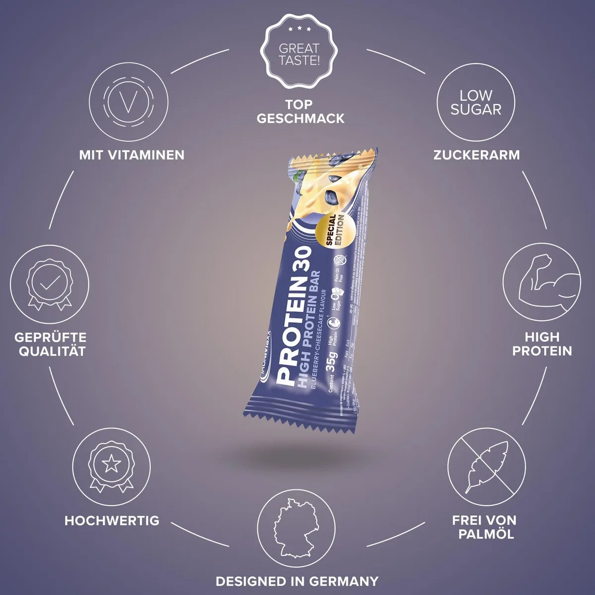 IronMaxx Protein 30 Eiweißriegel – Blueberry Cheesecake - 24x35g | High Protein Bar 30% Eiweiß, Low Carb & zuckerreduziert | Vitaminreicher Fitness Snack für Muskelaufbau & Diät – Bild 5