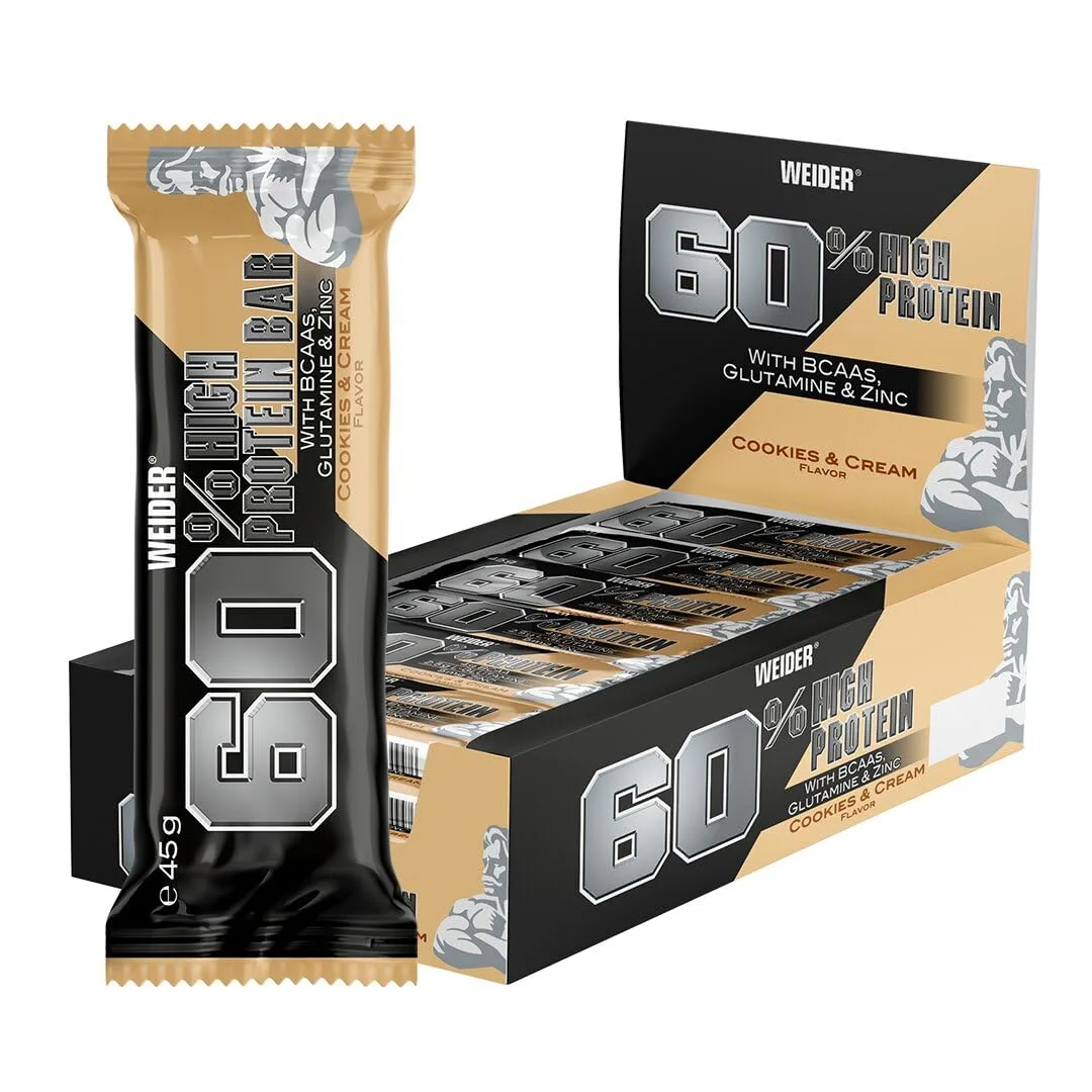 Weider 60% Proteinriegel - Hochproteinhaltiger Riegel mit 27g Protein, wenig Zucker, BCAAs & Zink - Ideal für Muskelwachstum - 24er Pack - Cookies & Cream