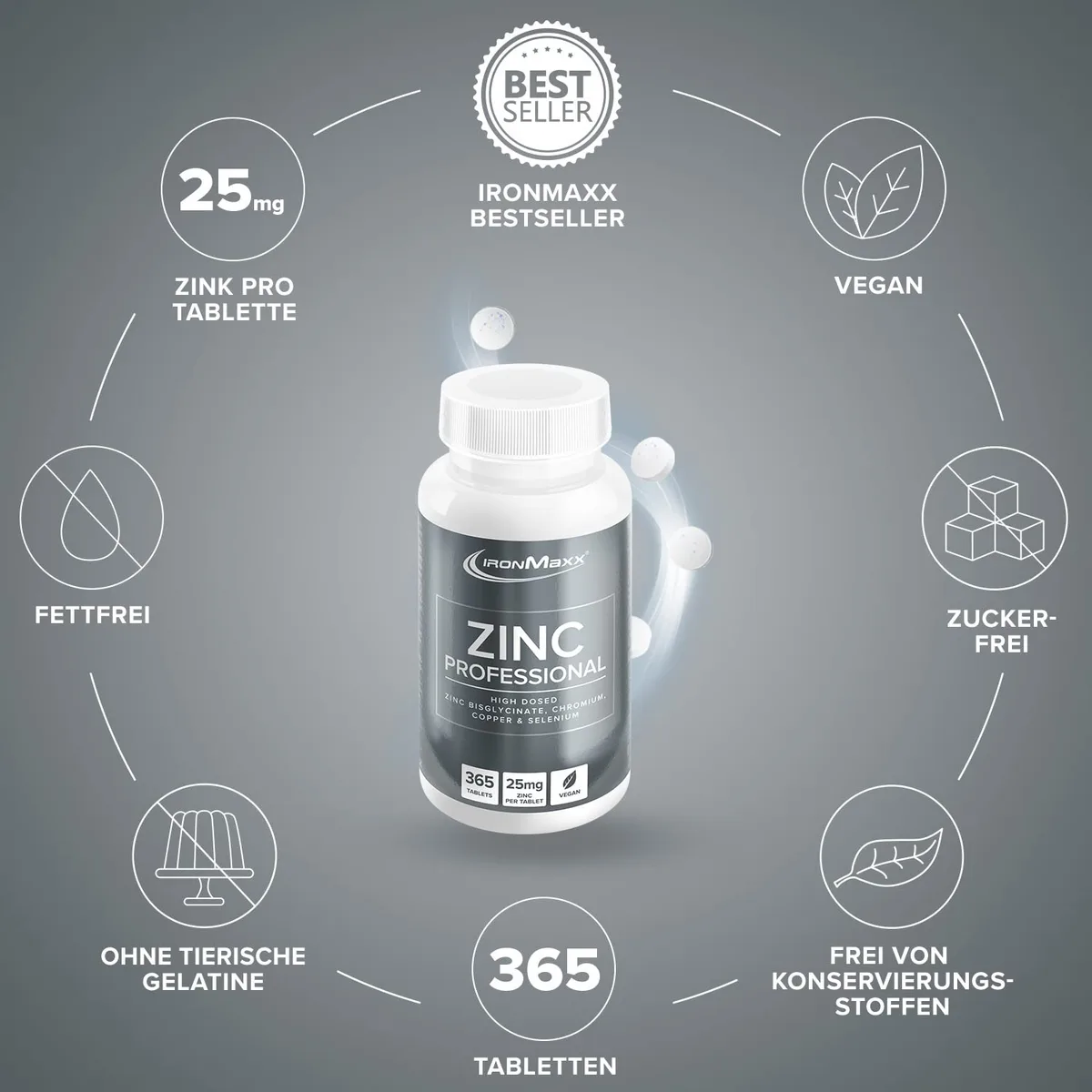 IronMaxx Zinc Professional - 365 vegane Zink-Tabletten hochdosiert | 25mg Zink pro Tablette | Zink Nahrungsergänzungsmittel mit Kupfer, Selen und Chrom – Bild 6