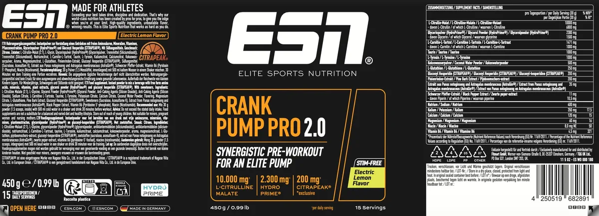 ESN Crank Pump Pro 2.0, Electric Lemon, 450 g, Pre Workout Booster - made in Germany – Bild 4