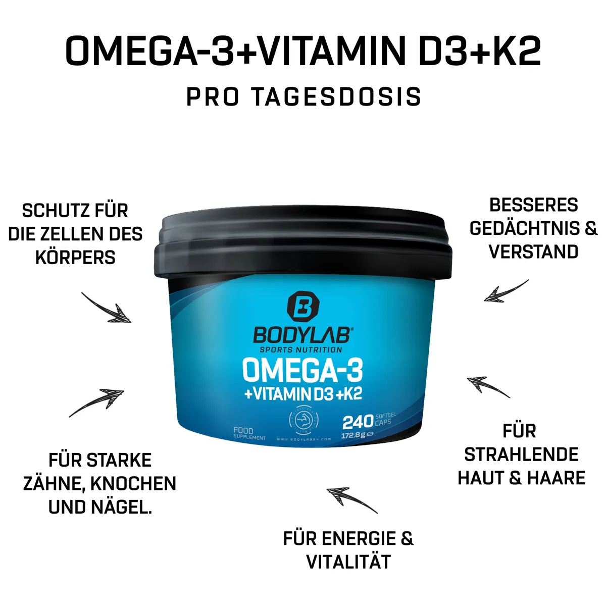 Omega 3 + D3 + K2 (Omega-3 Triglycerid + Vitamine) (240 Kapseln) – Bild 3