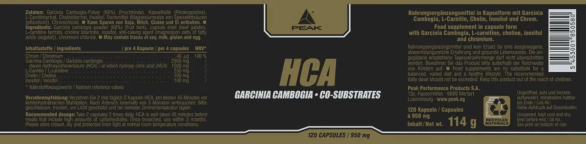 PEAK HCA - 120 Kapseln I 30 Portionen I Hydroxyzitronensäure I Blutzucker Management I Fettstoffwechsel I Diät I Garcinia Cambogia I L-Carnitin I Inositol I Cholin – Bild 2