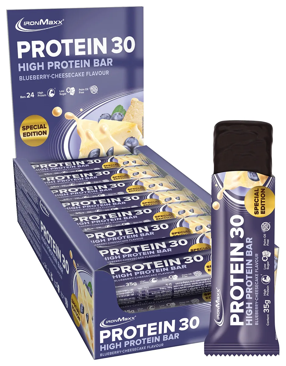 IronMaxx Protein 30 Eiweißriegel – Blueberry Cheesecake - 24x35g | High Protein Bar 30% Eiweiß, Low Carb & zuckerreduziert | Vitaminreicher Fitness Snack für Muskelaufbau & Diät