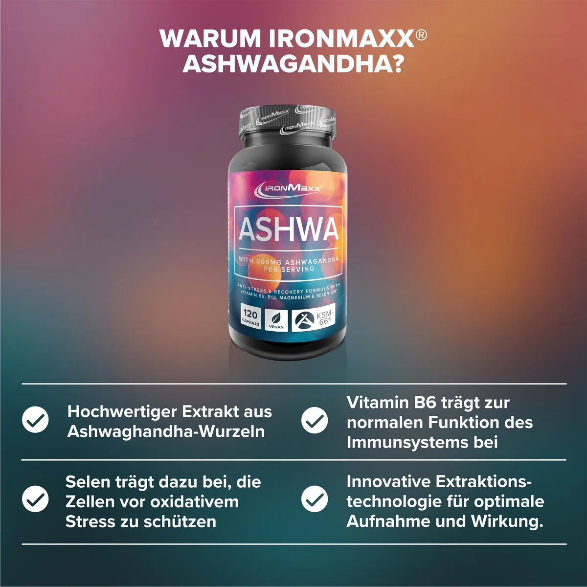 IronMaxx Ashwagandha - 120 Kapseln | 600mg KSM-66® pro Tagesdosis | Mit Vitamin B6 & B12 | mit Magnesium & Selenium | Vegan – Bild 3