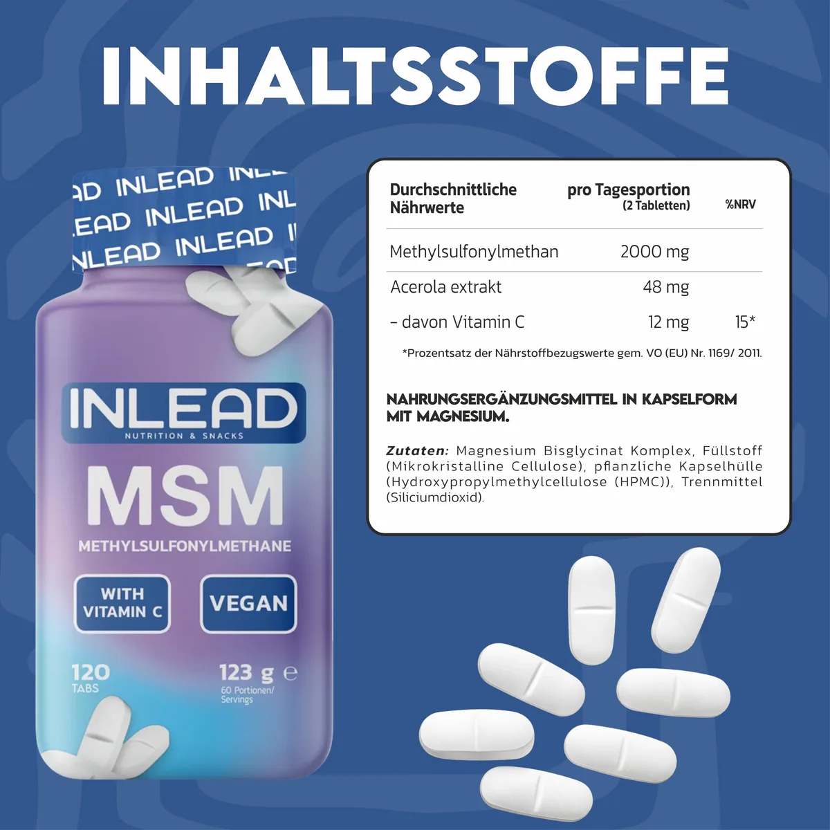 INLEAD - MSM + Vitamin C aus natürlichem Acerola-Extrakt | 2000mg MSM & 12mg Vitamin C pro Portion | Für Bindegewebe, Knorpel & Gelenke | Vegan - 120 Tabletten – Bild 3