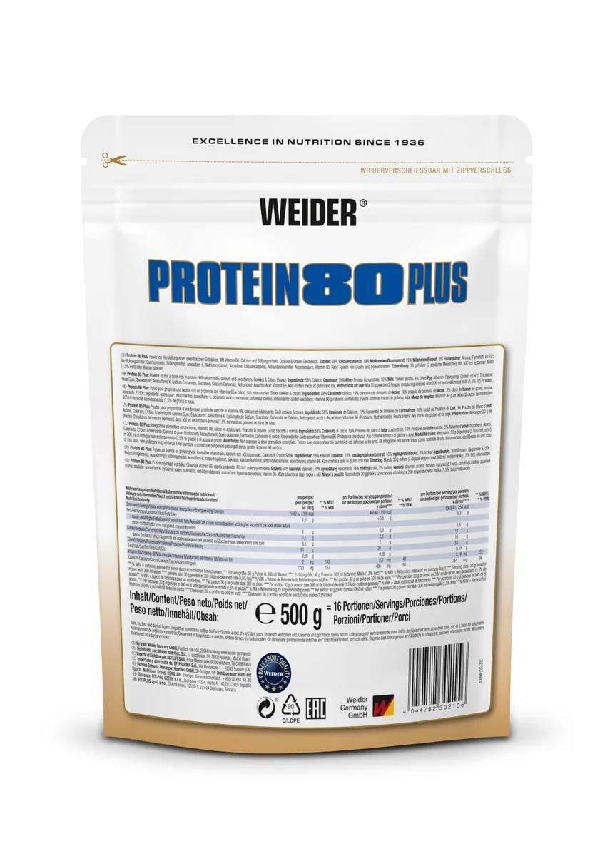 Weider - Protein 80 Plus - 4-Komponenten Protein Pulver - Hoher Proteingehalt mit 80% Eiweiß - Cremige Shakes mit Calcium & Vitamin B6 - 500g - Cookies & Cream – Bild 2