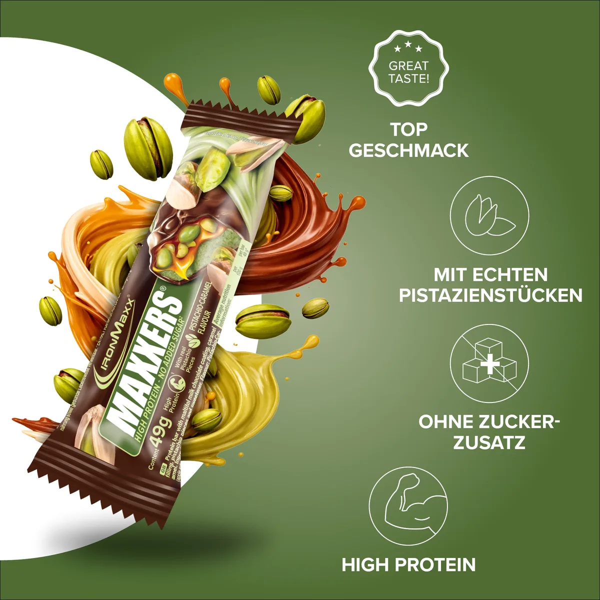 Maxxers (24x49g) - Milk Choc Pistachio Caramel – Bild 3