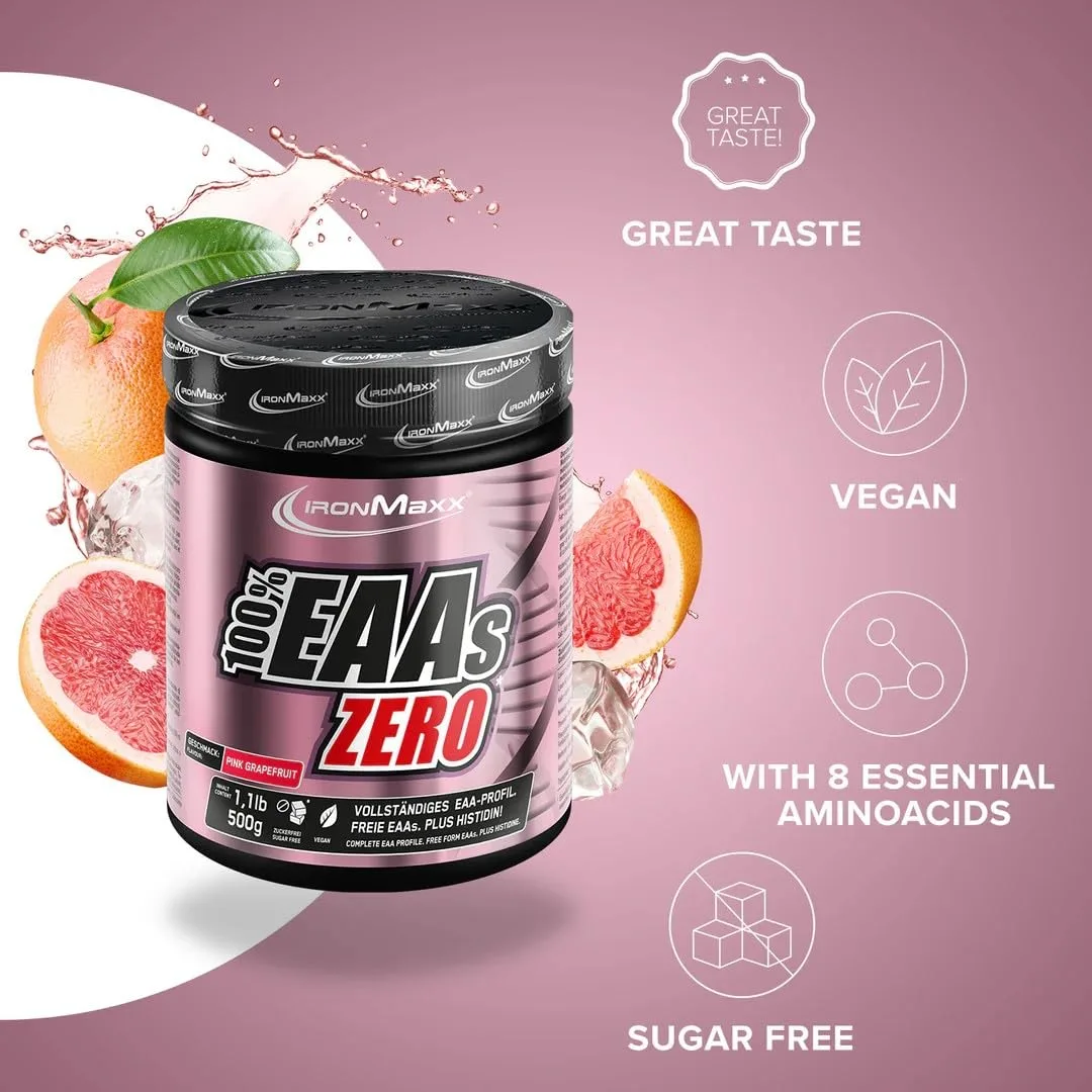 IronMaxx 100% EAAs Zero - Pink Grapefruit 500g Dose | EAA-Pulver,Vegan Und Zuckerfrei Mit Allen 8 Essentiellen Aminosäuren | Fruchtiger Geschmack, Frei Von Konservierungsstoffen – Bild 2