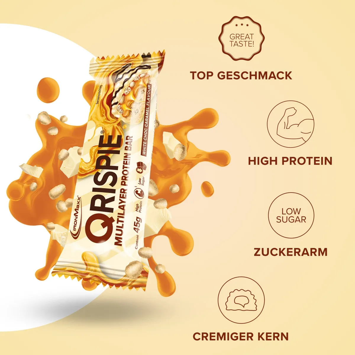 Qrispie Protein Riegel (16x45g) - White Choc Caramel – Bild 2