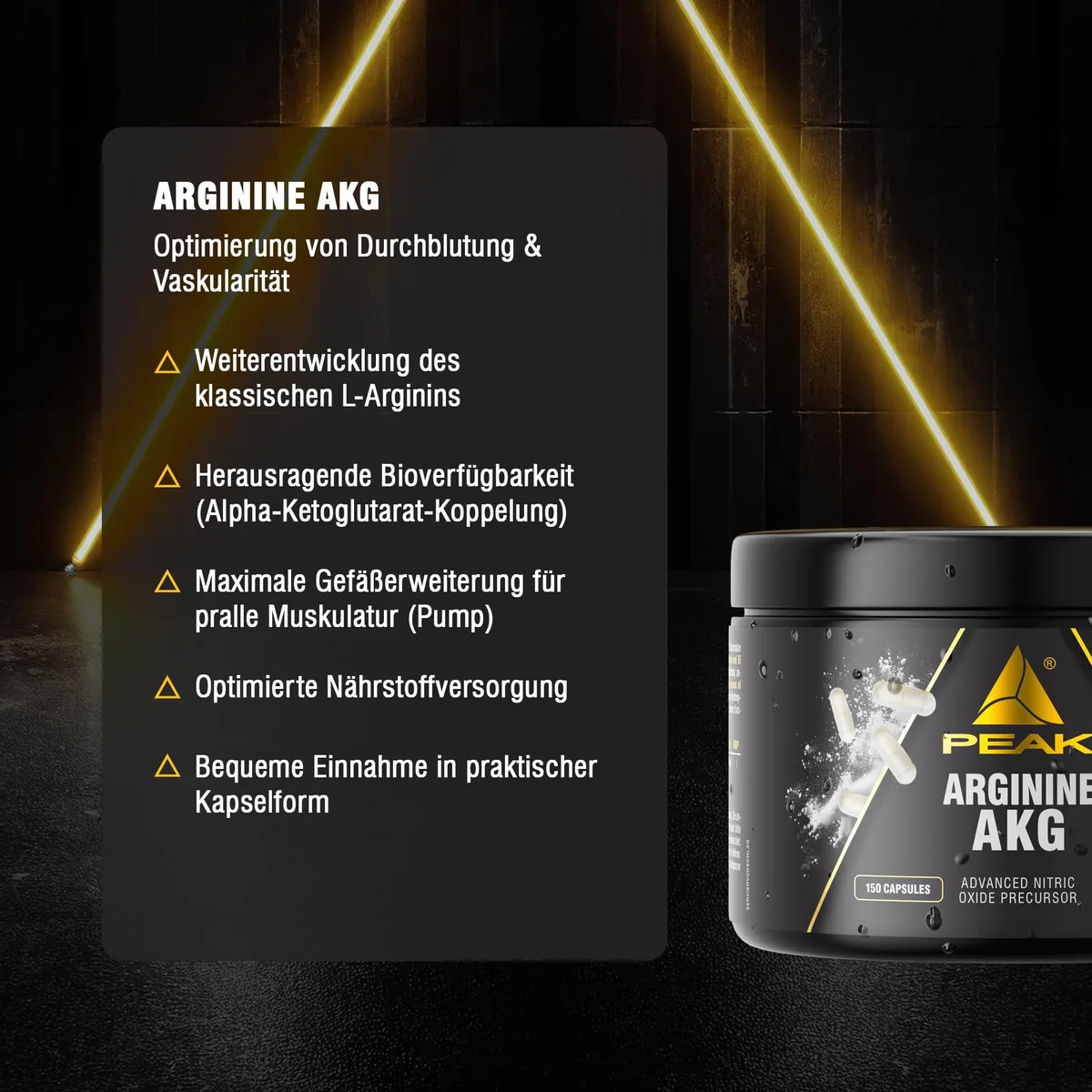 PEAK Arginin AKG - 150 Kapseln I Hochdosiertes L-Arginin Alpha-Ketoglutarat für Training, Durchblutung & Muskel-Pump I Pre-Workout Supplement – Bild 3