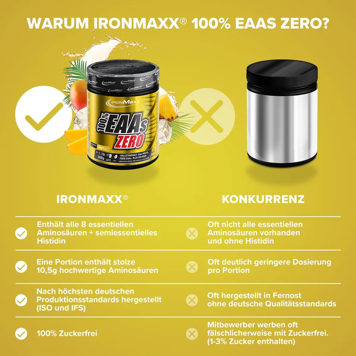 IronMaxx 100% EAAs Zero - Tropical 500g Dose | EAA-Pulver,Vegan Und Zuckerfrei Mit Allen 8 Essentiellen Aminosäuren | Fruchtiger Geschmack, Frei Von Konservierungsstoffen – Bild 3