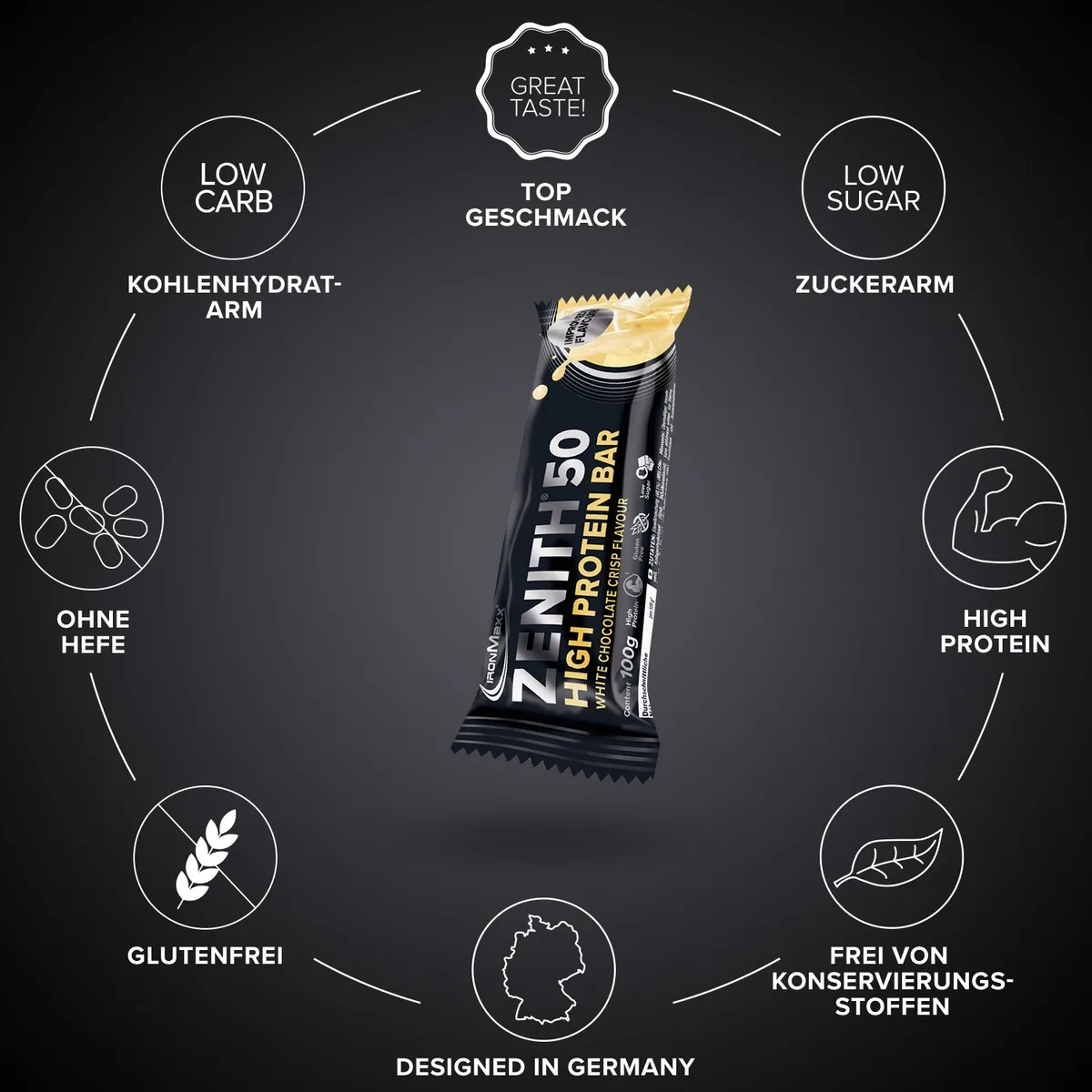 ZENITH® 50 Protein Riegel (100g) - Weiße Schokolade Crisp – Bild 5
