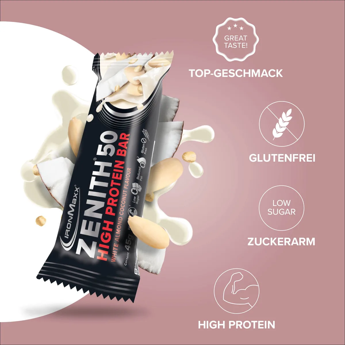 ZENITH® 50 Protein Riegel (16x45g) - White Almond Coconut Crisp – Bild 2