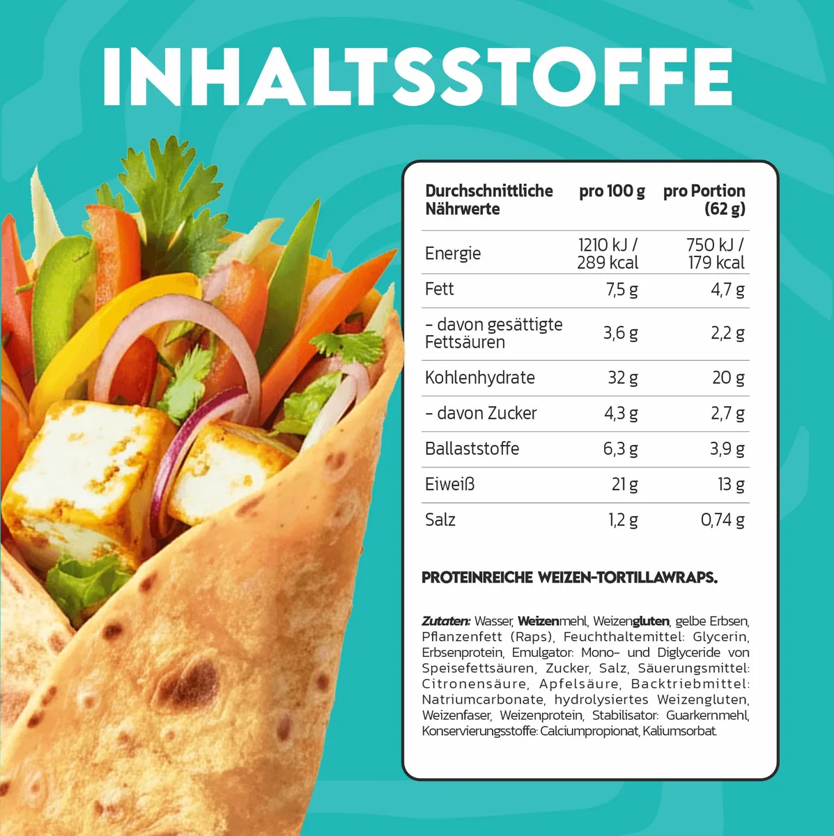 INLEAD - High Protein Wraps | Proteinreiche Tortillas | 6 Eiweißreiche Weizentortillas mit 21g Eiweiß pro 100g & weniger Kohlenhydraten - 6x 62g (372g) – Bild 3