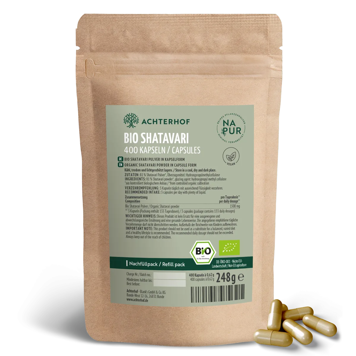 Bio Shatavari Kapseln Nachfüllpack (400 Kapseln)