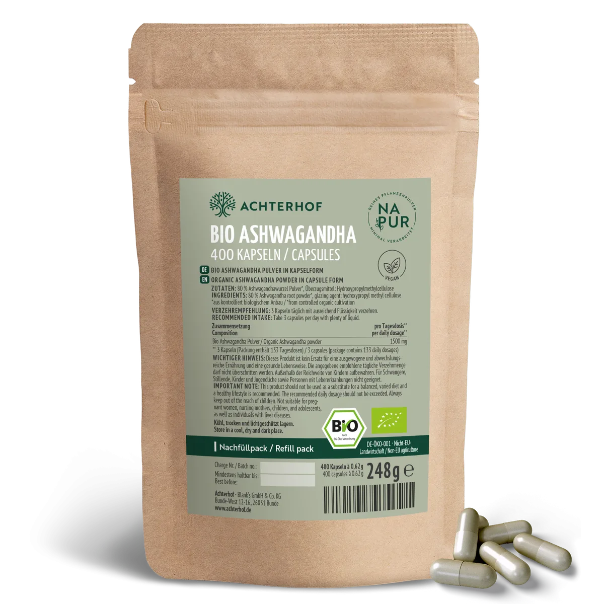 Bio Ashwagandha Kapseln Nachfüllpack (400 Kapseln)