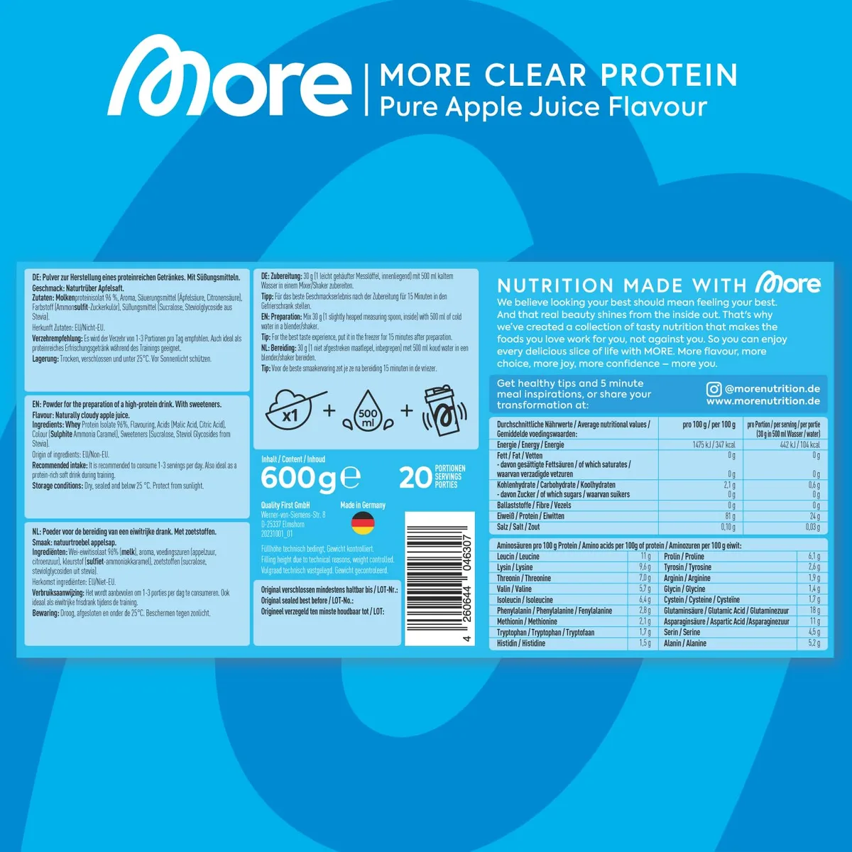 MORE Clear Protein, Pure Apple Juice, 600 g, Protein Drink mit Whey Isolat, Clear Whey - made in Germany – Bild 4