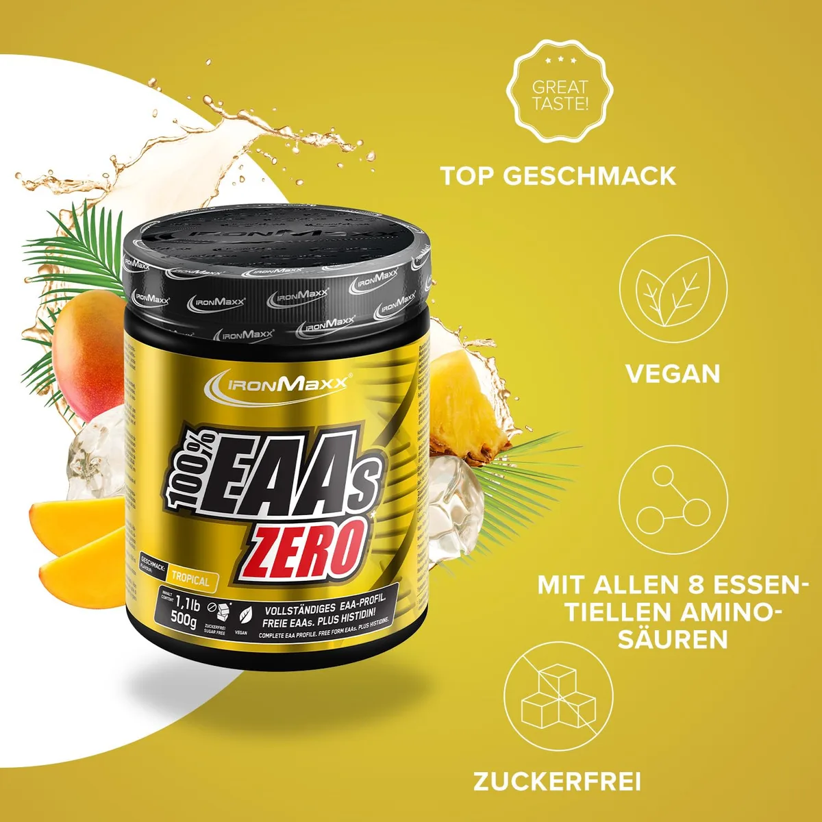 IronMaxx 100% EAAs Zero - Tropical 500g Dose | EAA-Pulver,Vegan Und Zuckerfrei Mit Allen 8 Essentiellen Aminosäuren | Fruchtiger Geschmack, Frei Von Konservierungsstoffen – Bild 2