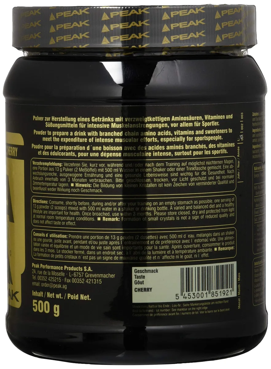 PEAK BCAA - TS-Technology - 500g Geschmack Cherry I 38 Portionen I Pulver I verzweigtkettige Aminosäuren I 2:1:1 (Leucin : Isoleucin : Valin) I schnelle Resorption I vegan – Bild 2