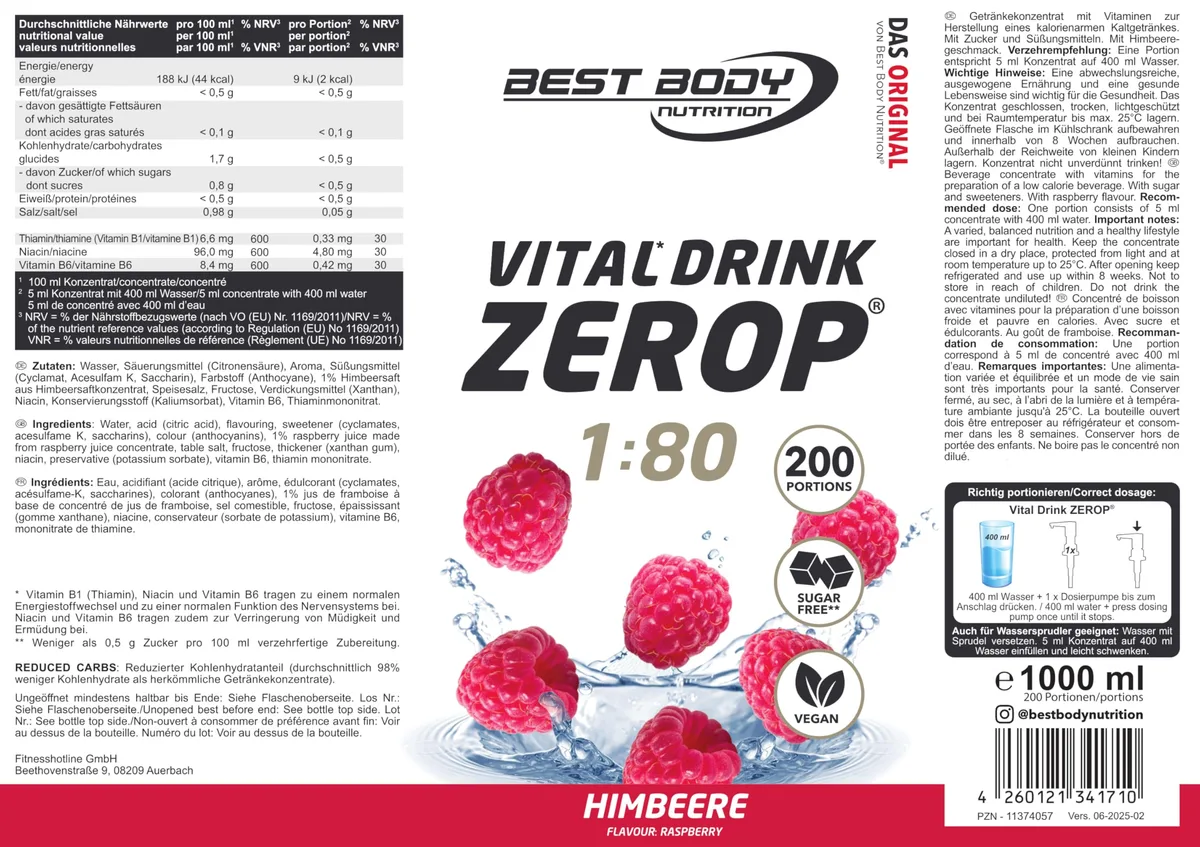 Best Body Nutrition ZEROP Vital Zuckerfreies Getränkekonzentrat Sirup Himbeere Ohne Aspartam 1 L ergibt 80 L Getränk Fitness Drink mit Vitaminen B1 B6 Niacin Kalorienarm Wassersprudler – Bild 5