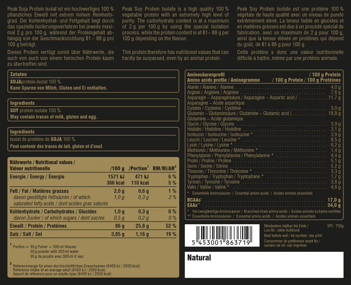 PEAK Soy Protein Isolate Natural 750g | NEW DESIGN – Bild 2