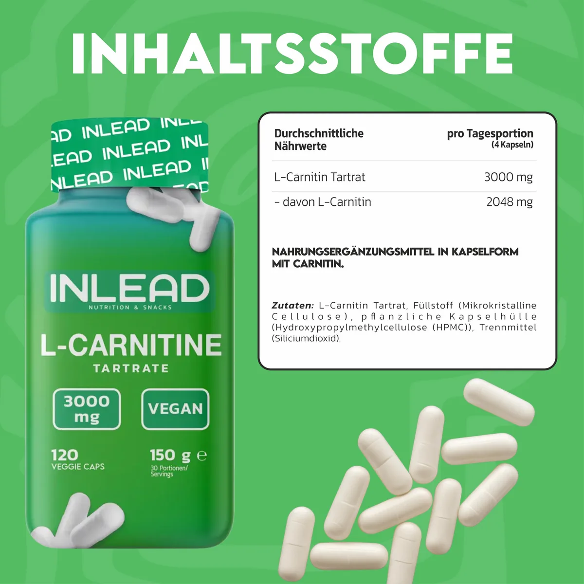 INLEAD - L-Carnitine Caps | Nahrungsergänzungsmittel mit L-Carnitin Tartrat | 3000 mg pro Tagesportion | Praktische Kapselform für Alltag & Training - 120 Kapseln – Bild 3