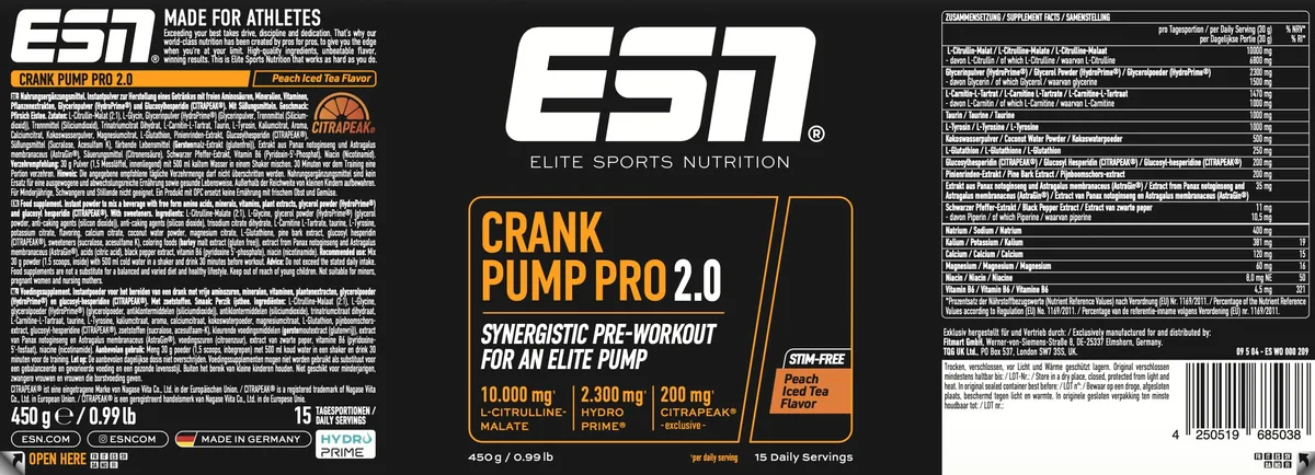 ESN Crank Pump Pro 2.0, Peach Iced Tea, 450 g, Pre Workout Booster - made in Germany – Bild 4