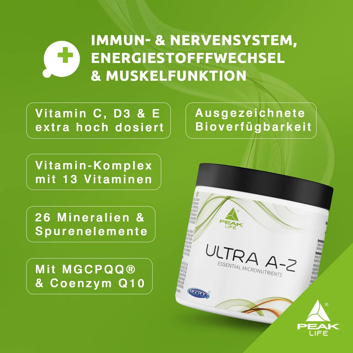 PEAK Ultra A-Z - 120 Kapseln I 30 Portionen I Multivitamin I 14 Vitamine I 11 Mineralstoffe und Spurenelemente I mit MGCPQQ I Coenzym Q10 I Bor I hohe Bioverfügbarkeit I verbesserte Formel – Bild 3