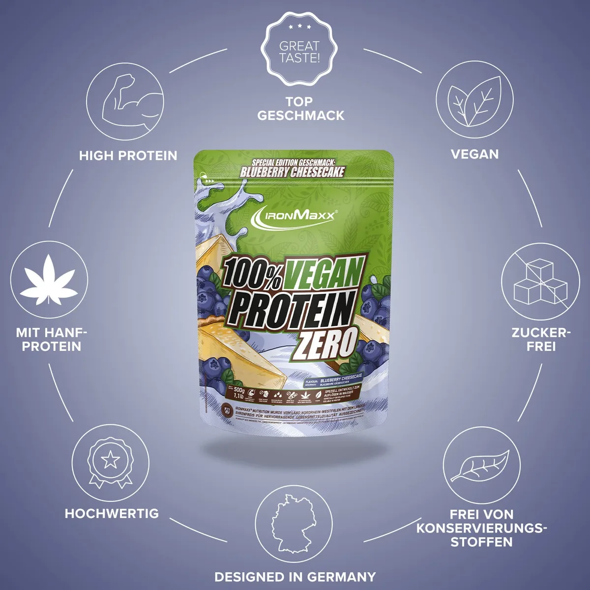 IronMaxx 100% Vegan Protein Zero - Blueberry Cheesecake 500g | Veganes Eiweißpulver ohne Zucker | Low Carb Protein Shake, High Protein, laktosefrei, geeignet für Muskelaufbau & Diät – Bild 5