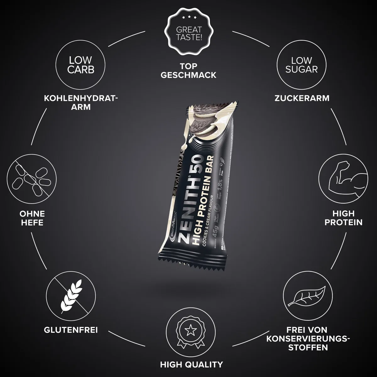 ZENITH® 50 Protein Riegel (45g) - Cookies & Cream – Bild 5