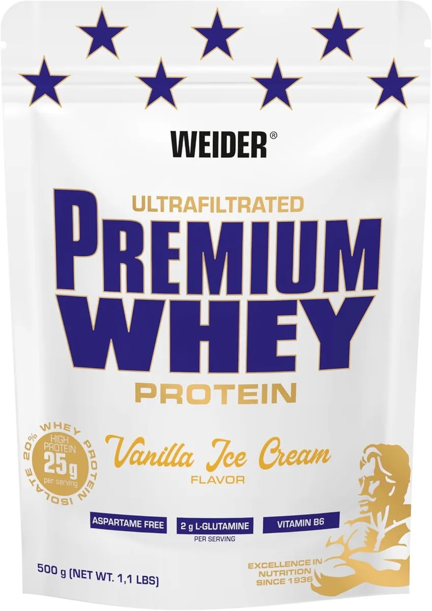 Weider Premium Whey Protein Pulver - Hoher Proteingehalt, wenig Kohlenhydrate & wenig Fett mit L-Glutamin und Vitamin B6-500g - Vanilla Ice-Cream – Bild 4
