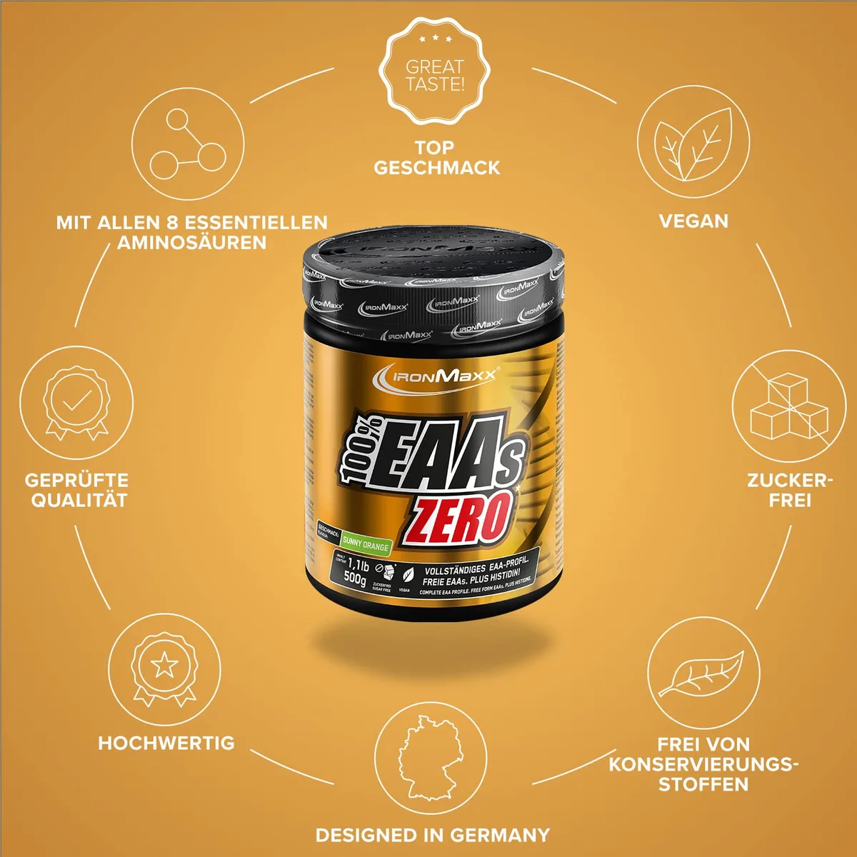 IronMaxx 100% EAAs Zero - Sunny Orange 500g Dose | EAA-Pulver,Vegan Und Zuckerfrei Mit Allen 8 Essentiellen Aminosäuren | Fruchtiger Geschmack, Frei Von Konservierungsstoffen – Bild 5