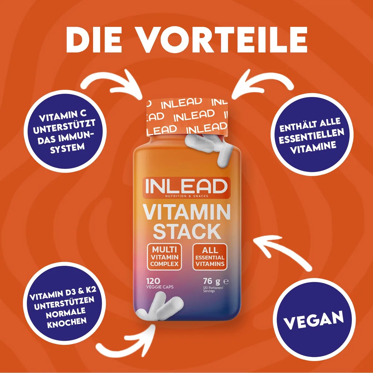 INLEAD - Vitamin Stack | Multivitamin-Kapseln für 4 Monate | Alle essentiellen Vitamine in nur 1 Kapsel täglich | Vitamine von A-Z | Mit Vitamin C, D3, K2, B12, Biotin & Folsäure - 120 Kapseln – Bild 2