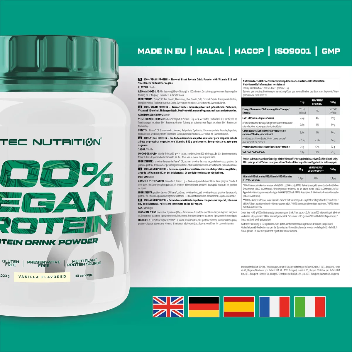 Scitec Nutrition 100% Vegan Protein - 5 pflanzliche Proteinquellen - angereichert mit Vitamin B12-33g pro Portion - Vegan, 1 kg, Vanille – Bild 4
