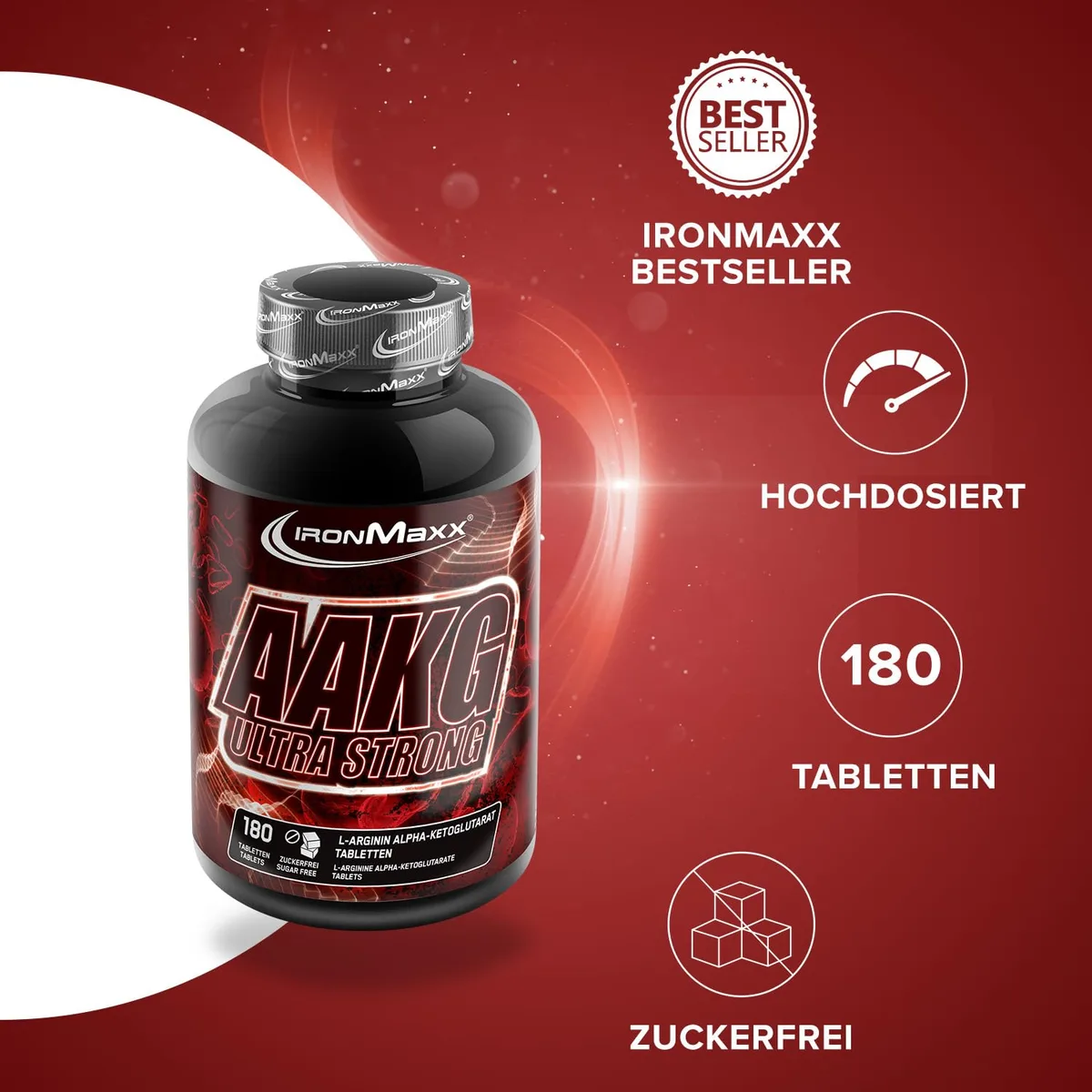 IronMaxx AAKG Ultra Strong - 180 Tabletten | Hochdosiertes Arginin Alpha-Ketoglutarat | Zuckerfrei & laktosefrei | Für aktive Menschen – Bild 2