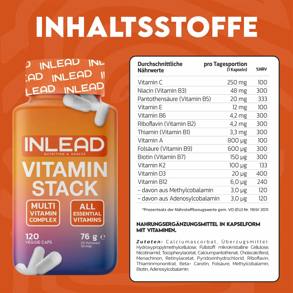 INLEAD - Vitamin Stack | Multivitamin-Kapseln für 4 Monate | Alle essentiellen Vitamine in nur 1 Kapsel täglich | Vitamine von A-Z | Mit Vitamin C, D3, K2, B12, Biotin & Folsäure - 120 Kapseln – Bild 3