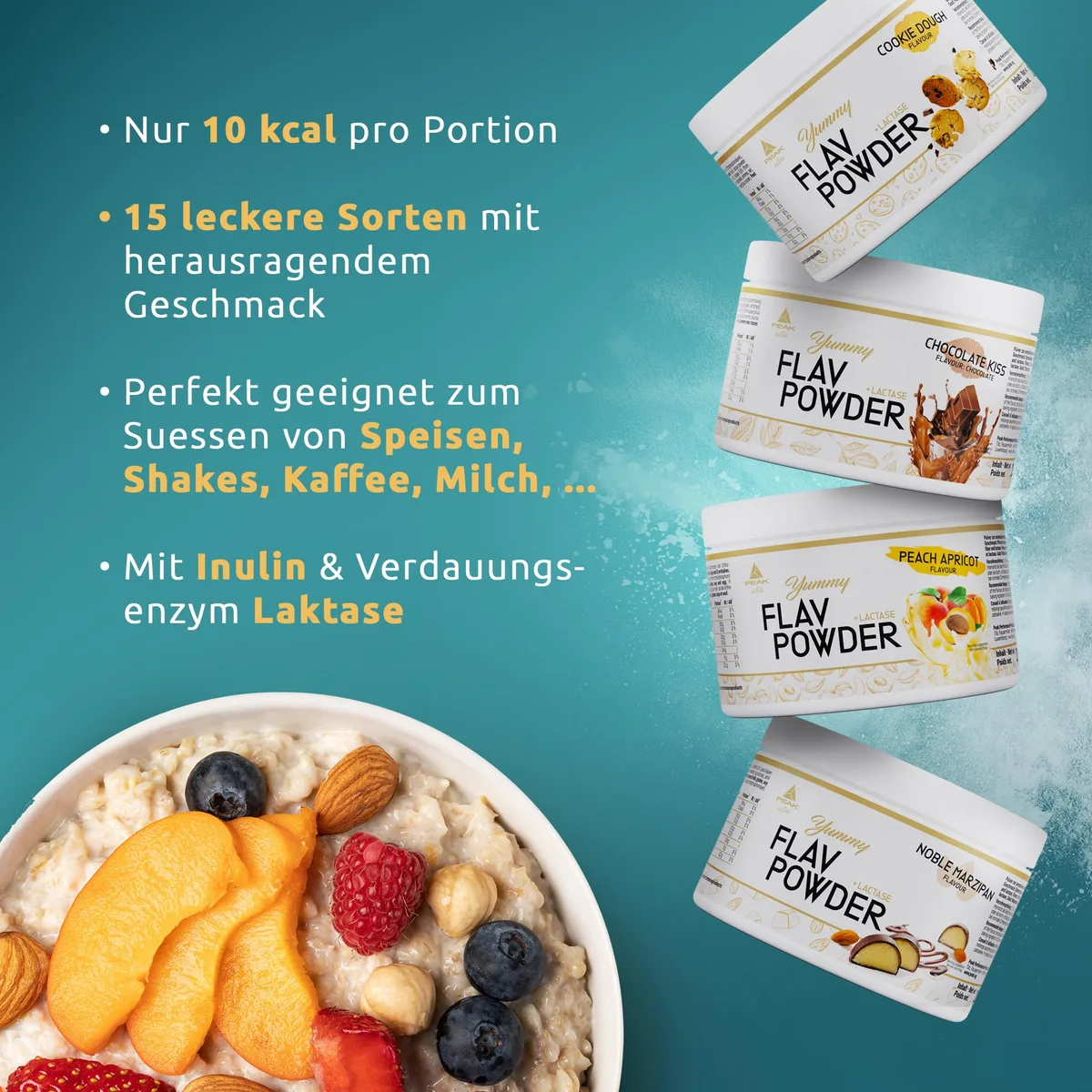 PEAK Yummy Flav Powder - 250g Geschmack Fairy Strawberry I 50 Portionen I Geschmackspulver zum Süßen fast ohne Kalorien und ohne Zuckerzusatz I mit Inulin und dem Verdauungsenzym Laktase I vegan – Bild 3