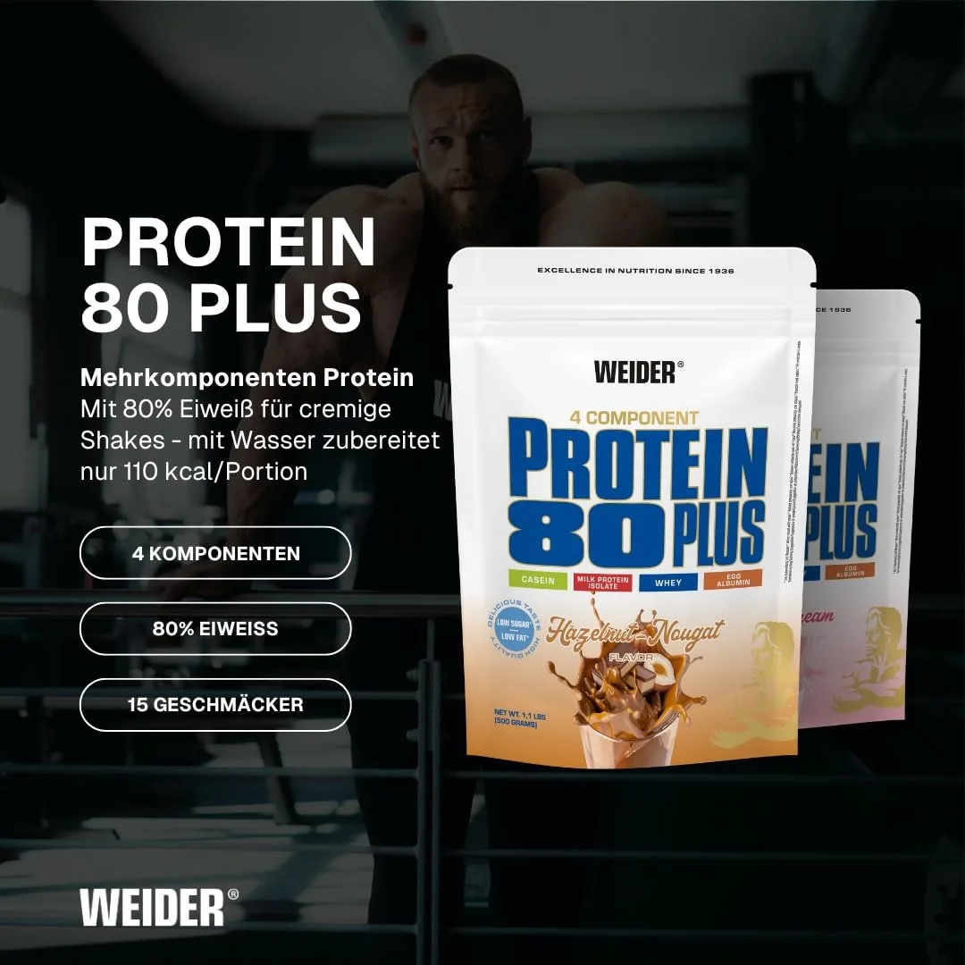 Weider - Protein 80 Plus - 4-Komponenten Protein Pulver - Hoher Proteingehalt mit 80% Eiweiß - Cremige Shakes mit Calcium & Vitamin B6 - 500g - Haselnuss-Nougat – Bild 2