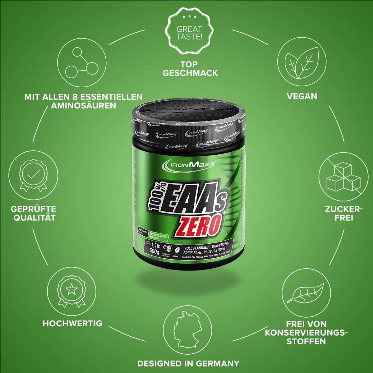 IronMaxx 100% EAAs Apple 500g - EAAs Pulver hochdosiert, Vegan und zuckerfrei, 8 essentielle Aminosäuren zur Ergänzung deiner Sporternährung – Bild 5