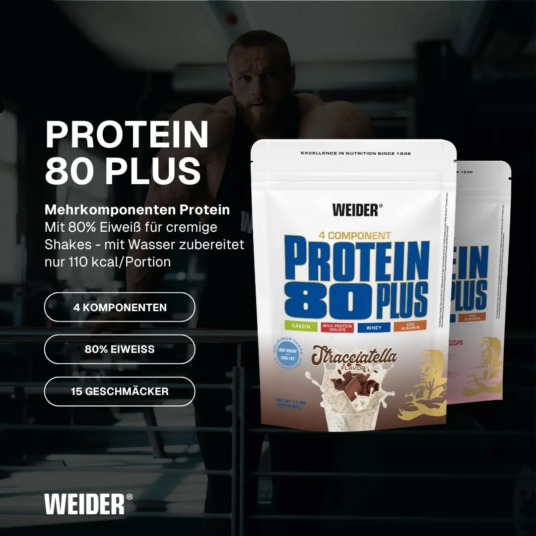 Weider - Protein 80 Plus - 4-Komponenten Protein Pulver - Hoher Proteingehalt mit 80% Eiweiß - Cremige Shakes mit Calcium & Vitamin B6 - 500g - Stracciatella – Bild 2