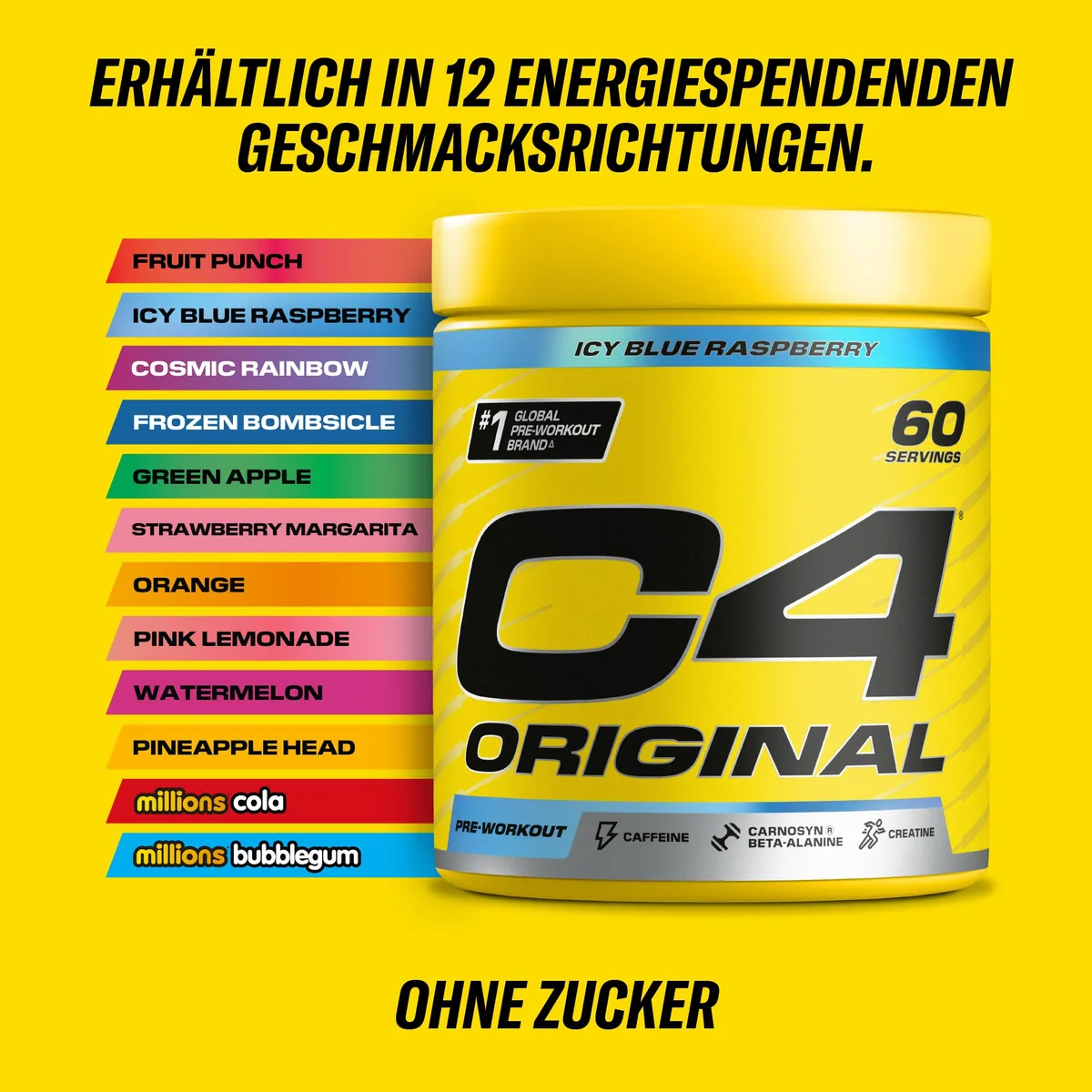 C4 Original - Pre-Workout-Booster - Getränkepulver für Energy Drink | 150 mg Koffein + Beta-Alanin + Kreatin-Monohydrat (Icy Blue Razz (Himbeere), 60 Portionen) – Bild 5