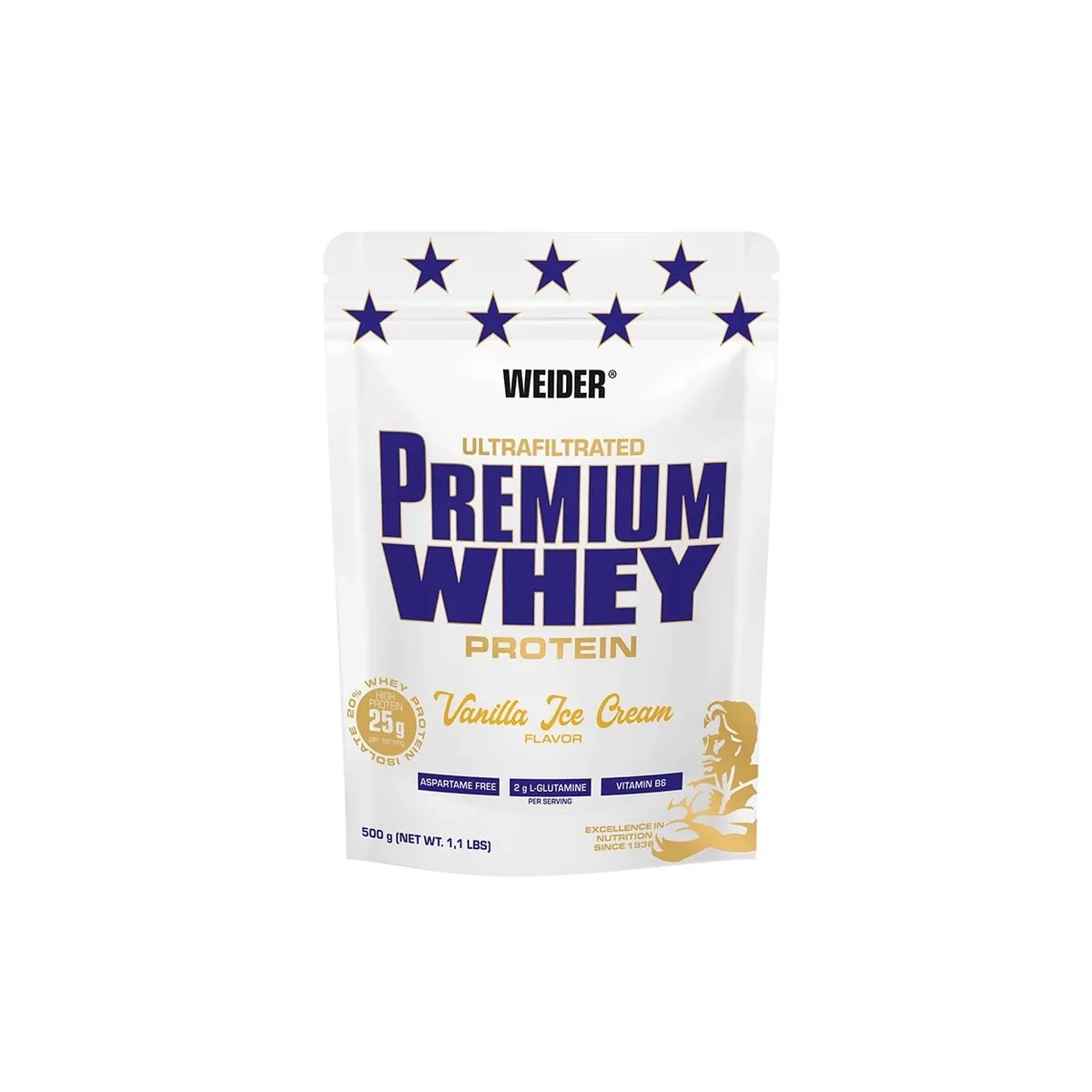 Weider Premium Whey Protein Pulver - Hoher Proteingehalt, wenig Kohlenhydrate & wenig Fett mit L-Glutamin und Vitamin B6-500g - Vanilla Ice-Cream