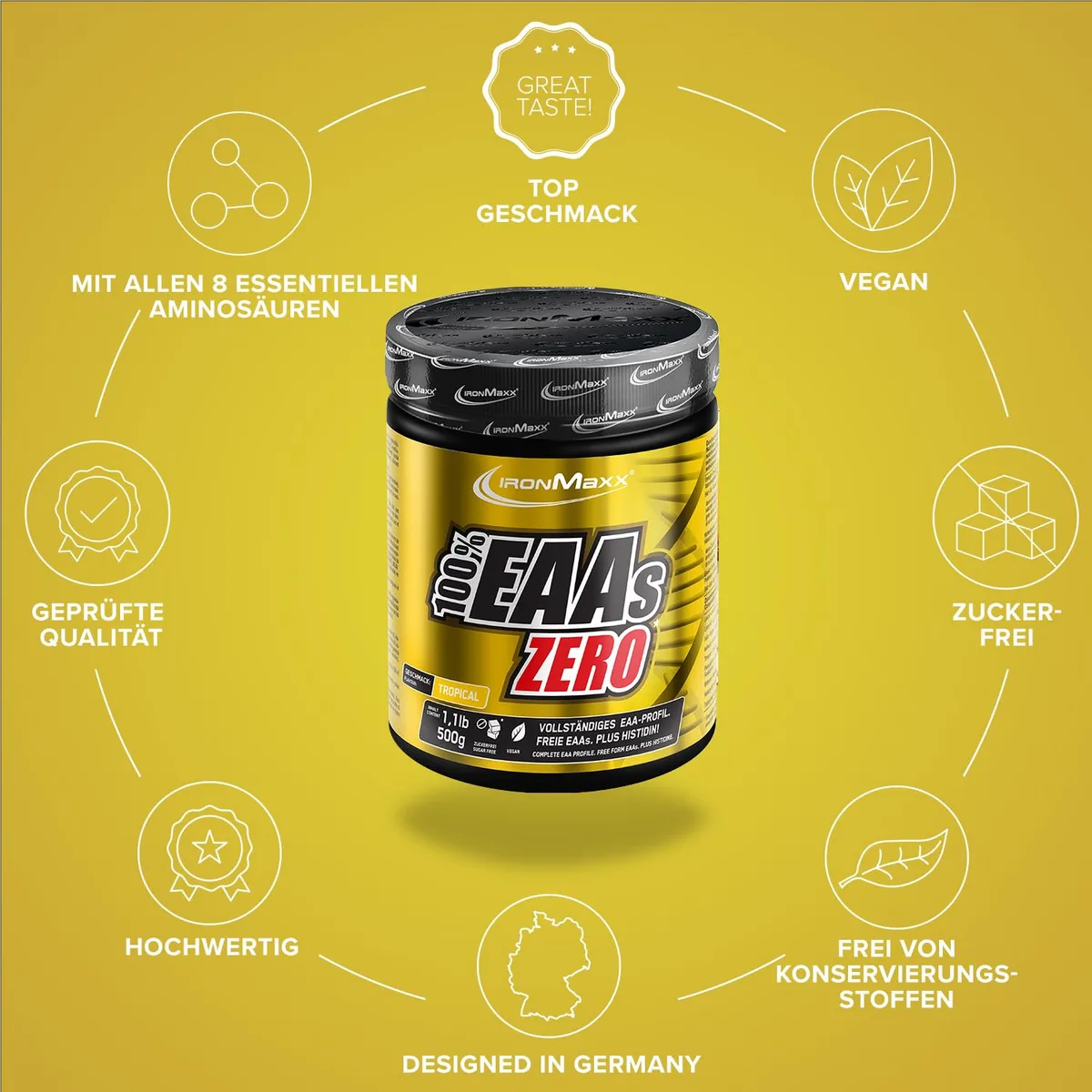 IronMaxx 100% EAAs Zero - Tropical 500g Dose | EAA-Pulver,Vegan Und Zuckerfrei Mit Allen 8 Essentiellen Aminosäuren | Fruchtiger Geschmack, Frei Von Konservierungsstoffen – Bild 5