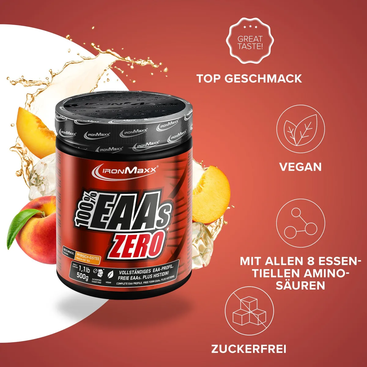 100% EAAs Zero (500g) - Peach Ice Tea – Bild 2