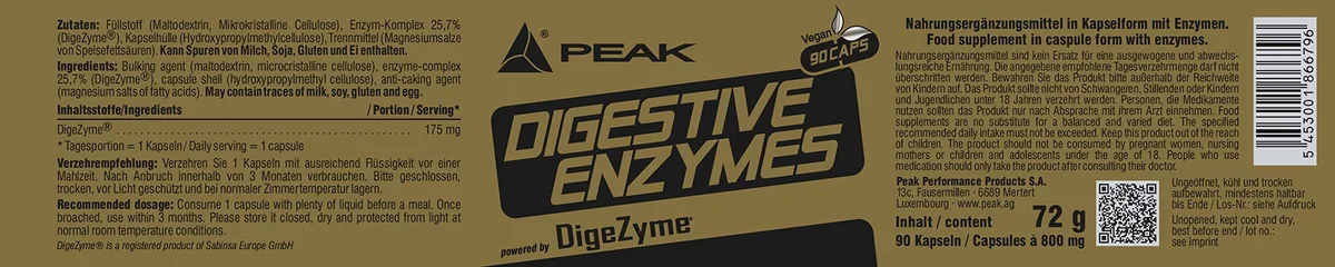 PEAK Digestive Enzymes - 90 Kapseln I Verdauungsenzyme I Verdauungsunterstützung I DIGEZYME ® I Enzyme I vegan I glutenfrei – Bild 3