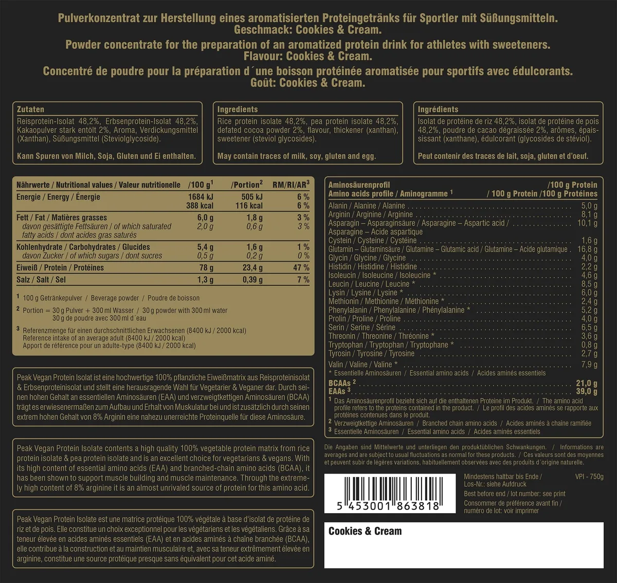 PEAK Vegan Protein Isolat - 750g Geschmack Cookies & Cream I 25 Portionen I Pulver I pflanzliche Proteinquellen: Erbse - & Reisprotein I für Muskelaufbau I Süße aus Stevia I GMO-free – Bild 2