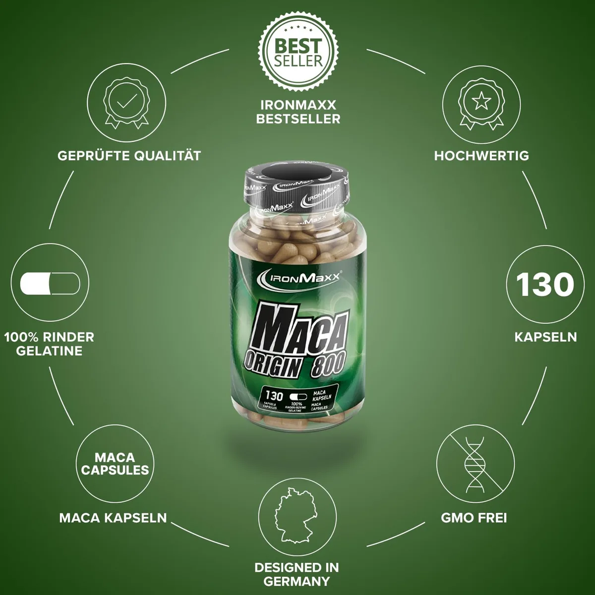 IronMaxx Maca Origin – Hochdosierte Maca Kapseln 130 Stück | 800 mg Reiner Maca Extrakt aus Peru | Vegan, Pflanzlich & Premium Qualität – Bild 4
